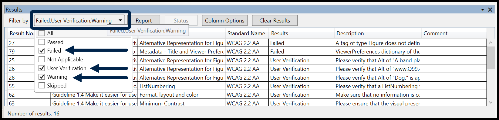 Screenshot of the Results panel with the "Filter by" menu open and the checkboxes for Failed, User Verification, and Warning selected.