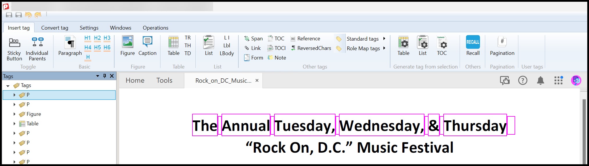 Screenshot showing the first Paragraph tag selected in the Tags tree and the text highlighted in the physical view.