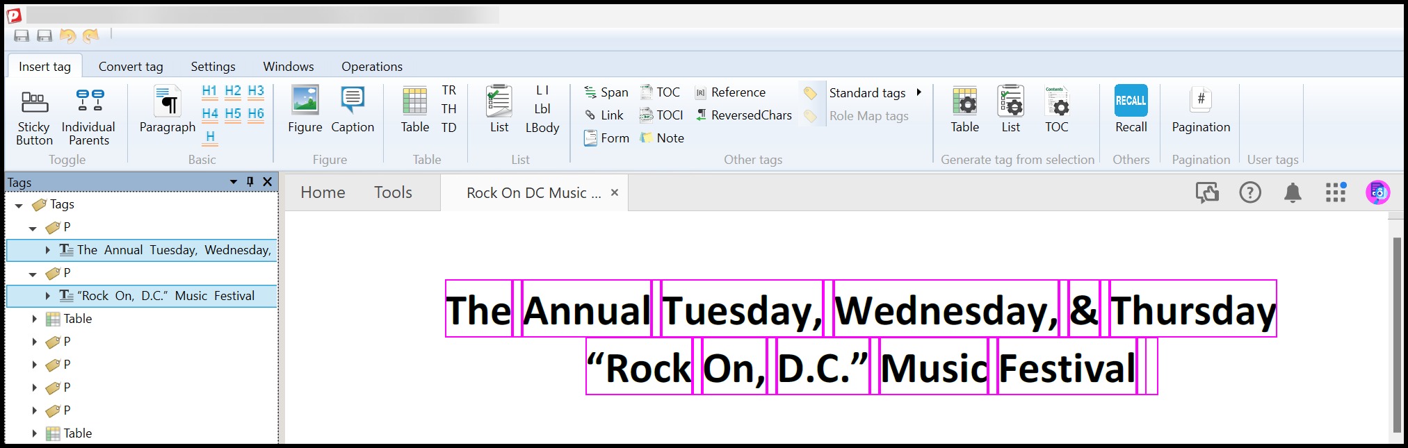 Screenshot showing the first two Paragraph tags selected in the Tags tree and both lines of the title highlighted in the physical view.