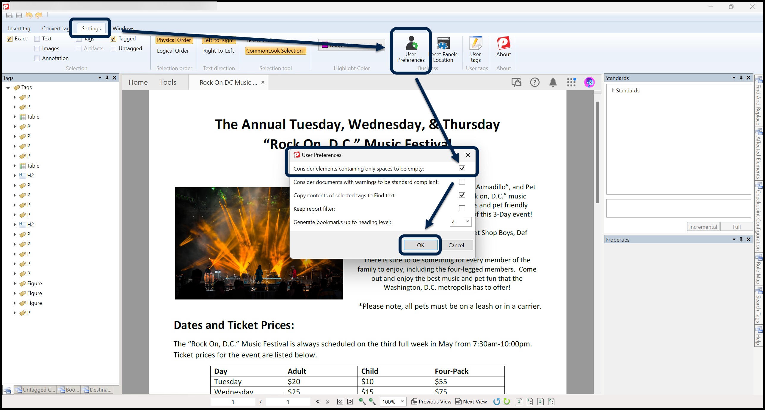 Screenshot highlighting the steps as described in the preceding list. Select Settings then User Preferences and then the checkbox to consider elements containing only spaces to be empty. The OK button is also highlighted.