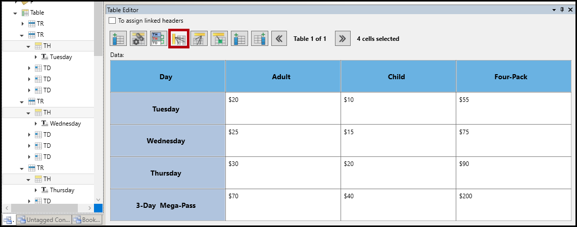 The button in the table editor to convert cells to header cells and to assign the scope of row is highlighted.  