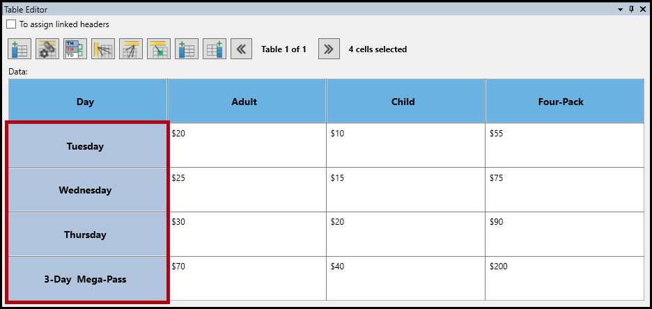 The row header cells are selected in the table editor.  