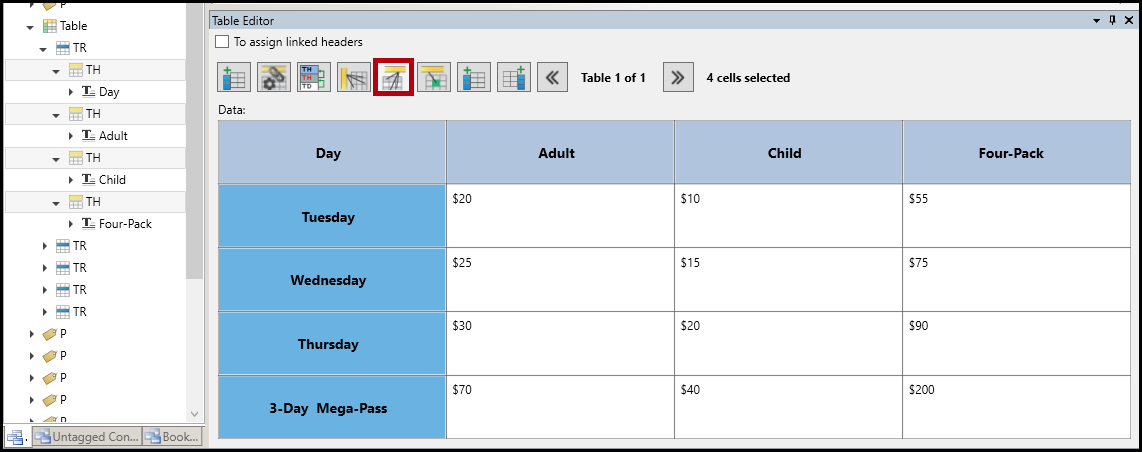 The button in the table editor to convert cells to headers and assign their scope as column headers is highlighted.  