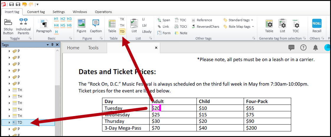 The second cell in the second row is tagged as a TD.  The tag is shown in the Tags tree and the TD button is highlighted in the Insert tag tab.  