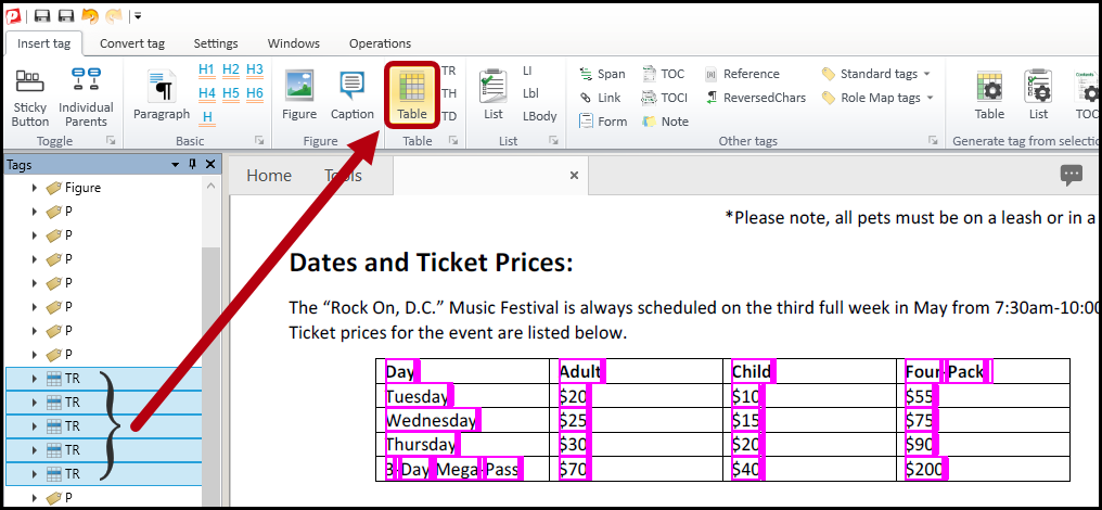 The TR tags are all selected in the Tags tree and the button to create a Table tag is highlighted in the Insert tag tab in the ribbon.  