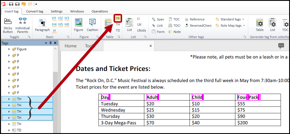 The tags for the first row of the table are all selected in the tags tree and the button to create a TR tag is highlighted in the Insert tag tab.  