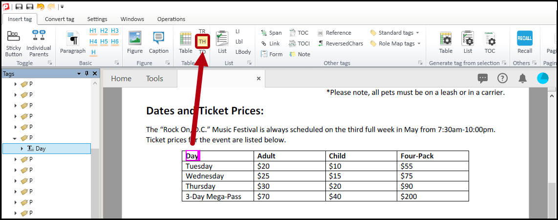 In the physical view of the table, the word "day" is selected and, in the Insert tag tab, the button to create a table header cell is highlighted.  