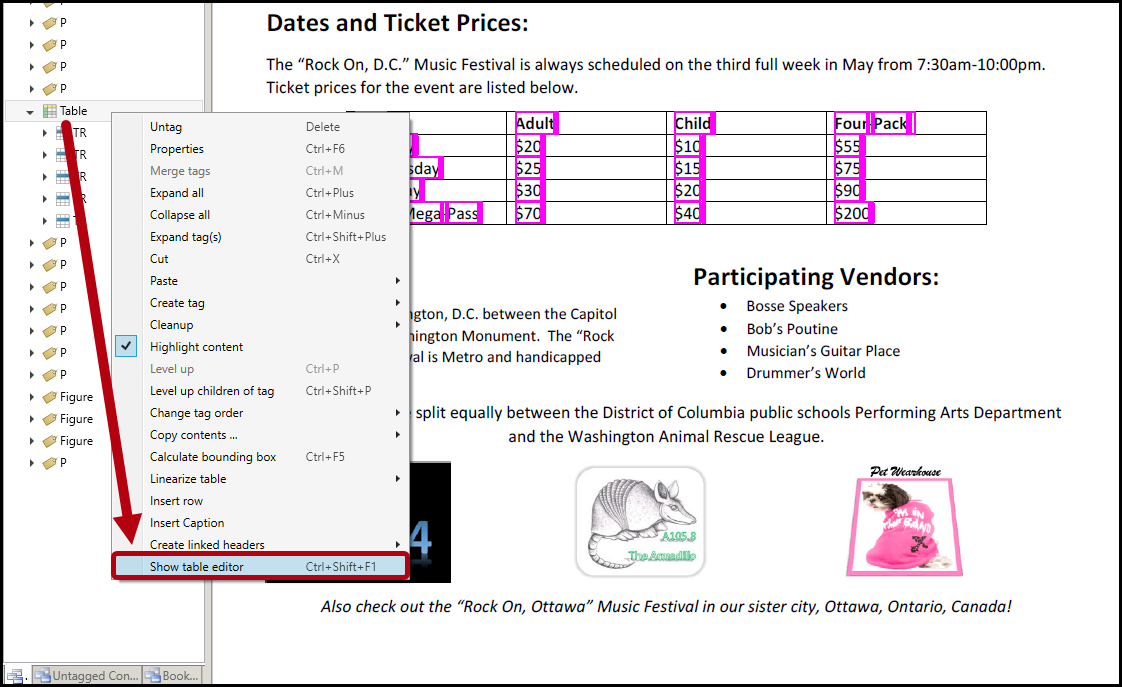 The context menu for the Table tag.  The option to show the table editor is highlighted.  