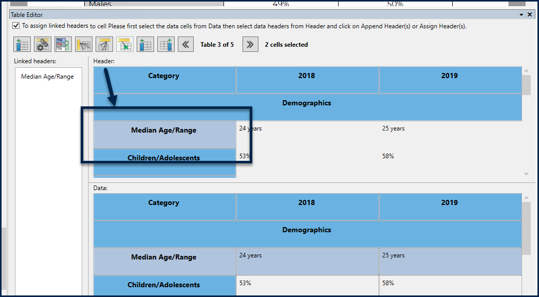 The Median Age / Range cell is selected in the upper, Headers, panel.  It's also listed in the Linked headers panel.