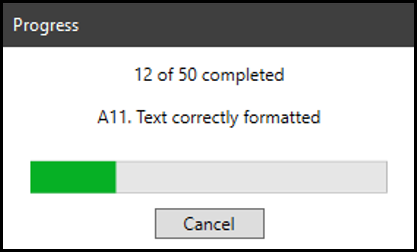 Screenshot of Progress window of HHS verification check stalling at the A11 Text correctly formatted checkpoint.