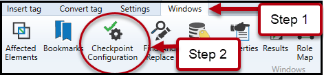 Screenshot of step one - "Windows" tab selected and step two - checkpoint configuration button selected.