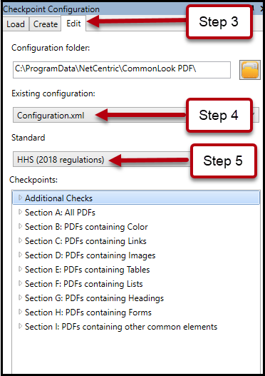Screenshot showing step 3  - edit tab selected, step 4 - configureation.xml choosen, Step 5 -  HHS 2018 regulations) chosen.