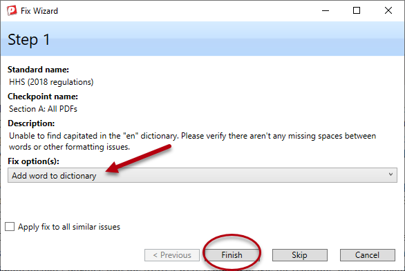 Screenshot of Fix wizard for Section A 11 checkpoint, with arrow pointing to "add word to dictionary" and a circle around the word "finish"