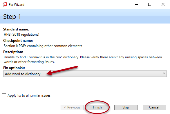 Screenshot of Fix wizard for Section I 13 checkpoint, with arrow pointing to "add word to dictionary" and a circle around the word "finish"