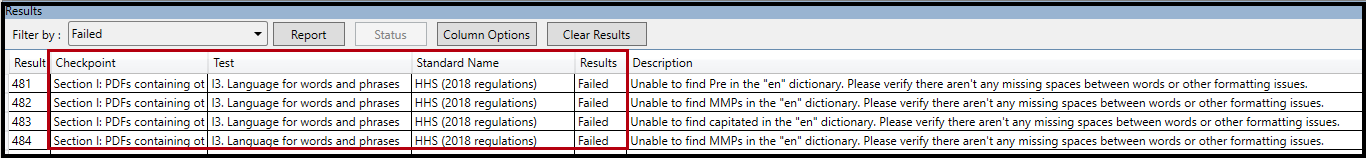 Screenshot of Result panel showing Failed HHS (2018) I13 for Language for words and phrases failure.