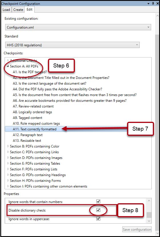 Screnshot showing Step A: Section A: All PDFs menue open, step 7 - A11. Text correctly formatted selected, and Step 8 -check box checked next to "disable dictionary check".