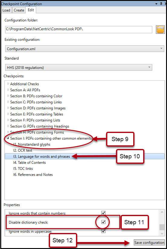 Screenshot showing Step 9 - Section I open, Step 10 - Language for words and phrases selected, Step 11 - checkbox checked next to Disable dictionary check, and step 12 -  Save configuation button selected.
