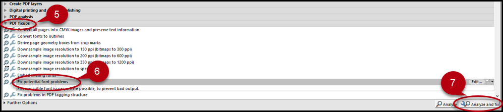 Screenshot of step 7: "PDF fixups" dropdown menu circled and open, Step 6: "Fix potential Font Problem" selected and Step 7:  Analyse and fix circled