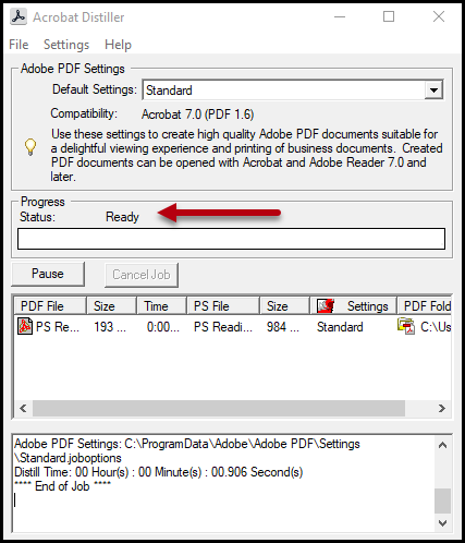 Screenshot of Distiller window displaying ready next to Progress Status.