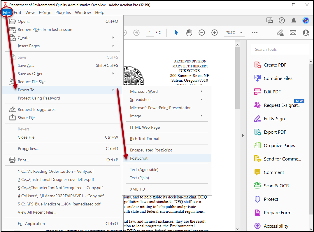 Screenshot of the File menu open with an arrow pointing to the "Export to" menu and with another arrow pointing to PostScript.