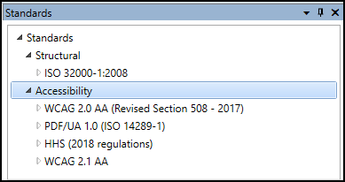 The Accessibility menu is open, in the Standards panel.  Accessibility is selected.  