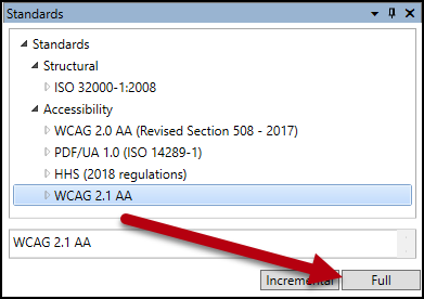 The Full button is highlighted in the Standards panel, under the list of Accessibility options.