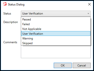The Status Dialog  with the Status dropdown menu expanded.  
