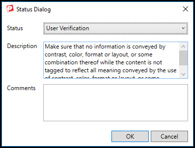The Status Dialog box for a User Verification item.  
