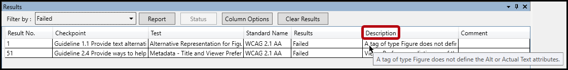 The Description column is highlighted in the Results panel.  
