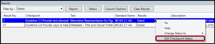 A Failed item is selected in the Results panel and the Status option in the context menu is highlighted.  