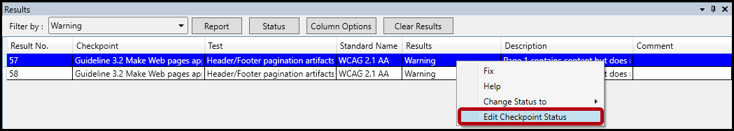 A Warning item is selected in the Results panel and the Status option in the context menu is highlighted.  