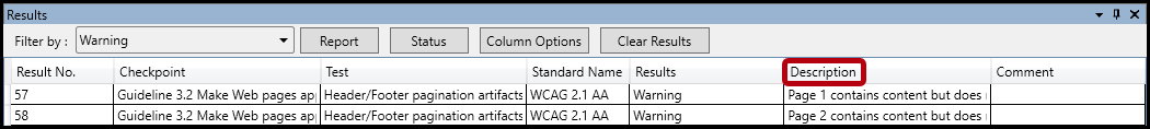 The Description column is highlighted in the Results panel.  