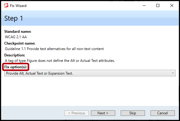 The Fix Wizard for the first failure in the document.  