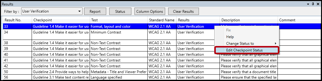 The context menu is open and the Edit Checkpoint Status option is highlighted for the first User Verification item.  