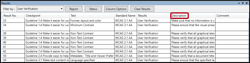 The Description column is highlighted in the Results panel.  