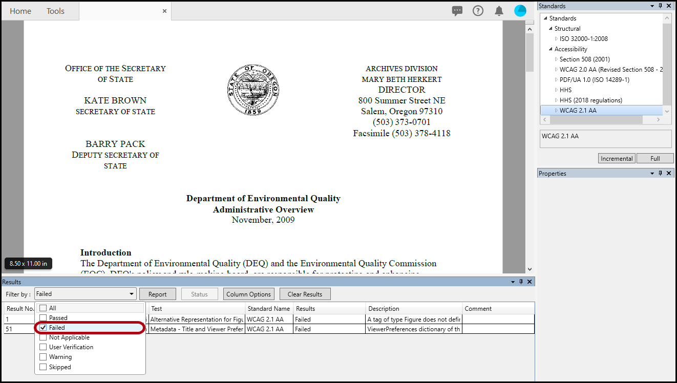 The Results panel is open and the "Filter by" menu is expanded.  The Failed checkbox is checked.