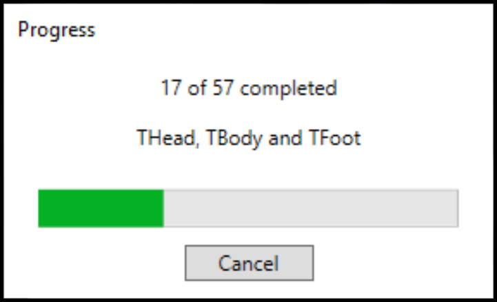 Progress dialog box showing verification getting stuck on THead, TBody, and TFoot tags.