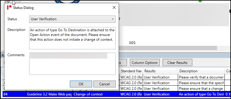 Screenshot of the status dialog box.  The Description indicates that there's a Go To Destination action attached to the Open Action event of the document.
