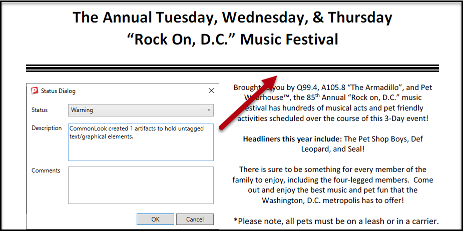 Screenshot showing the Status Dialog box that indicates that content in the document was untagged, resulting in the creation of artifacts.