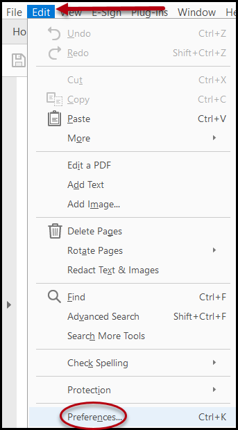 Screenshot of Edit menu open and "Preferences" highlighted