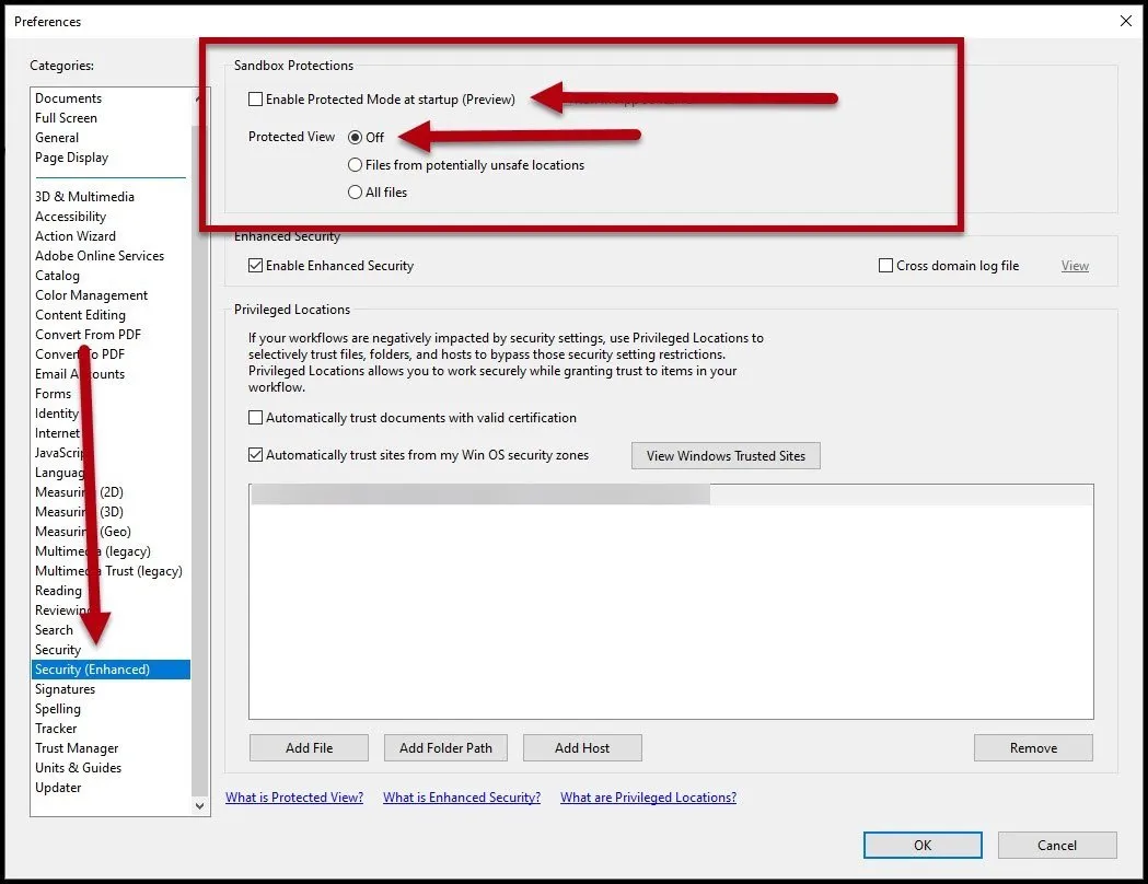 Screenshot of Preferences dialog box, with Security enhanced catergory chosen and two arrows pointing the enable Protected Modle at start up checkbox not checked, and a selected radio button  next to protected view "off".