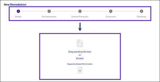 The "New Remediations" screen.  The steps in the overall process are highlighted, at the top, and the area to upload your file is highlighted below the steps. There is also a button to be able to browse for a file to remediate. 