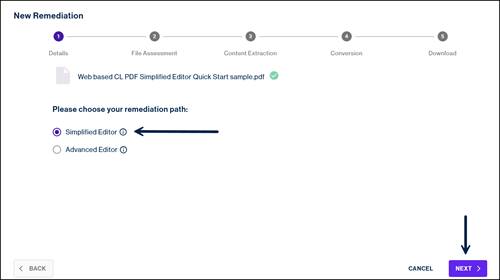 Simplified editor radio button selected and the "Next" button highlighted.  