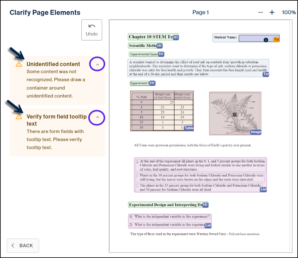 Screenshot showing the Clarify Page Elements screen.  There are warnings, on the left, for "Unidentified content" and "Verify form field tooltip."  Both warnings are expanded to show additional information for how to handle the warnings.  