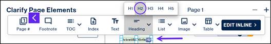 The container for Scientific Method displayed, with the Headings dropdown menu open in the toolbar and H2 circled. 