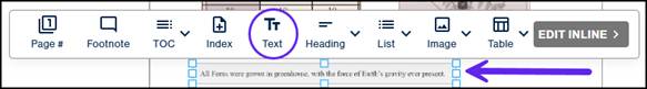  The unlabeled container under table displayed with the Text dropdown button in the toolbar selected.   