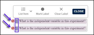The List container menu open showing two items at level one and the 2 highlighted numbers of the list.  