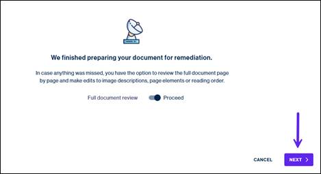 The Full document review screen and an arrow showing  the Next button.  