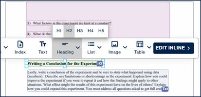 The Heading container selected with the toolbar open and H2 selected on the heading button dropdown.  