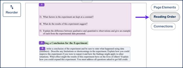The reading order of page two button highlighted and the reading order of the three content containers is shown.  